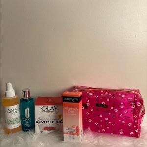 Olay Neutrogena Clinique Skin Care Set w Pink Floral Cosmetic Bag Feminine
